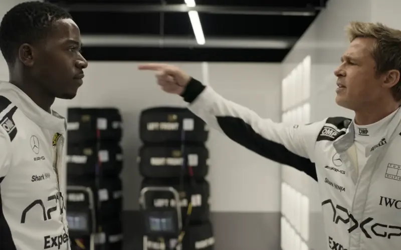 Sonny Hayes coaching Joshua Pearce in Formula 1 film