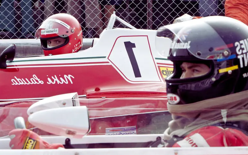 Rush movie still showing James Hunt and Niki Lauda racing – a top film like F1: The Movie