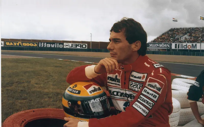 Documentary still of Ayrton Senna in Formula 1 car – real-life F1 legend