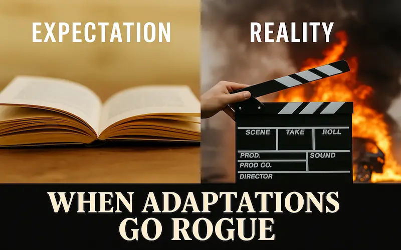 Movies that changed books - visual of book vs chaotic movie adaptation.